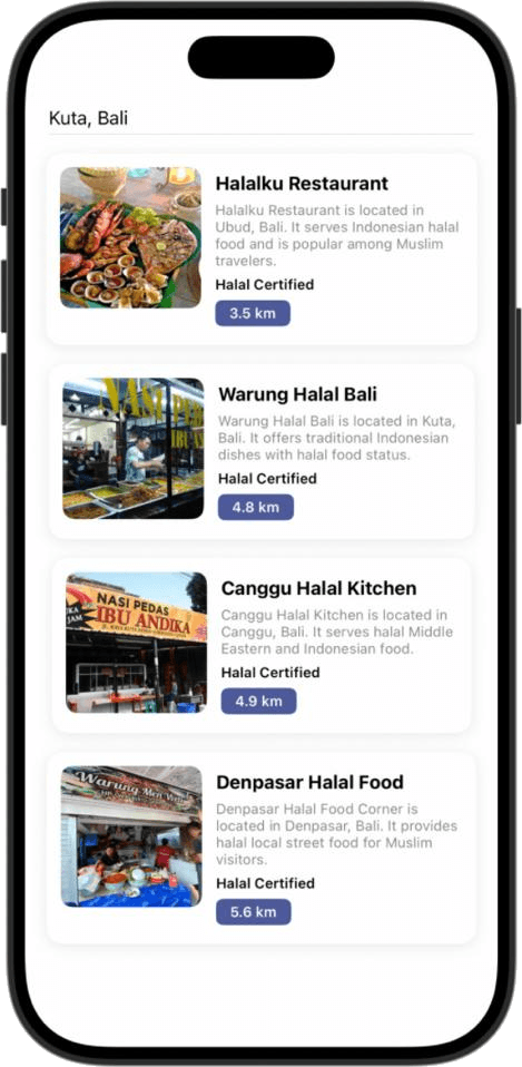 Bali Halal Way list view of halal-certified restaurants in Kuta, Bali