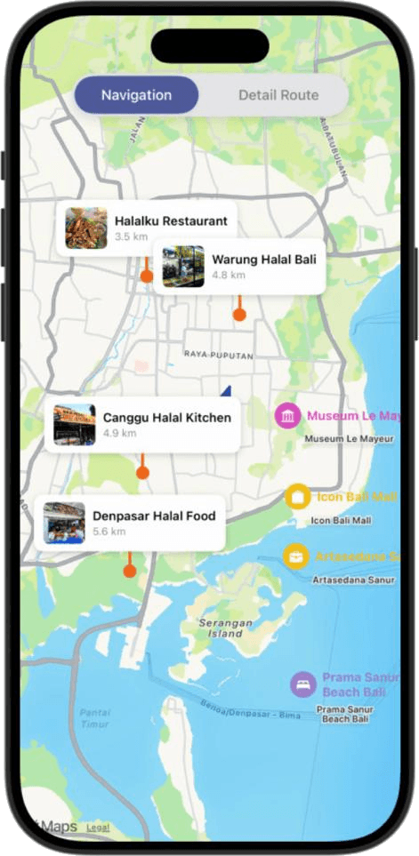Bali Halal Way navigation map showing halal restaurants around Denpasar with distances