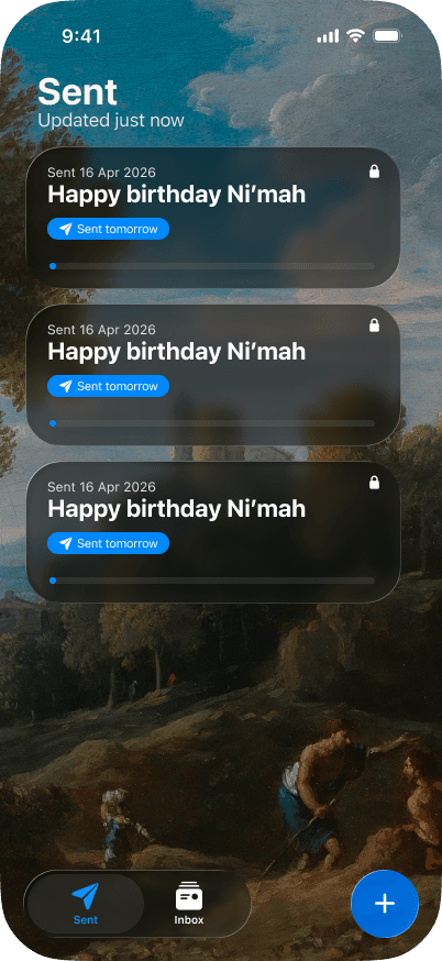 isMail Sent screen listing scheduled messages to your future self over a classical painting backdrop