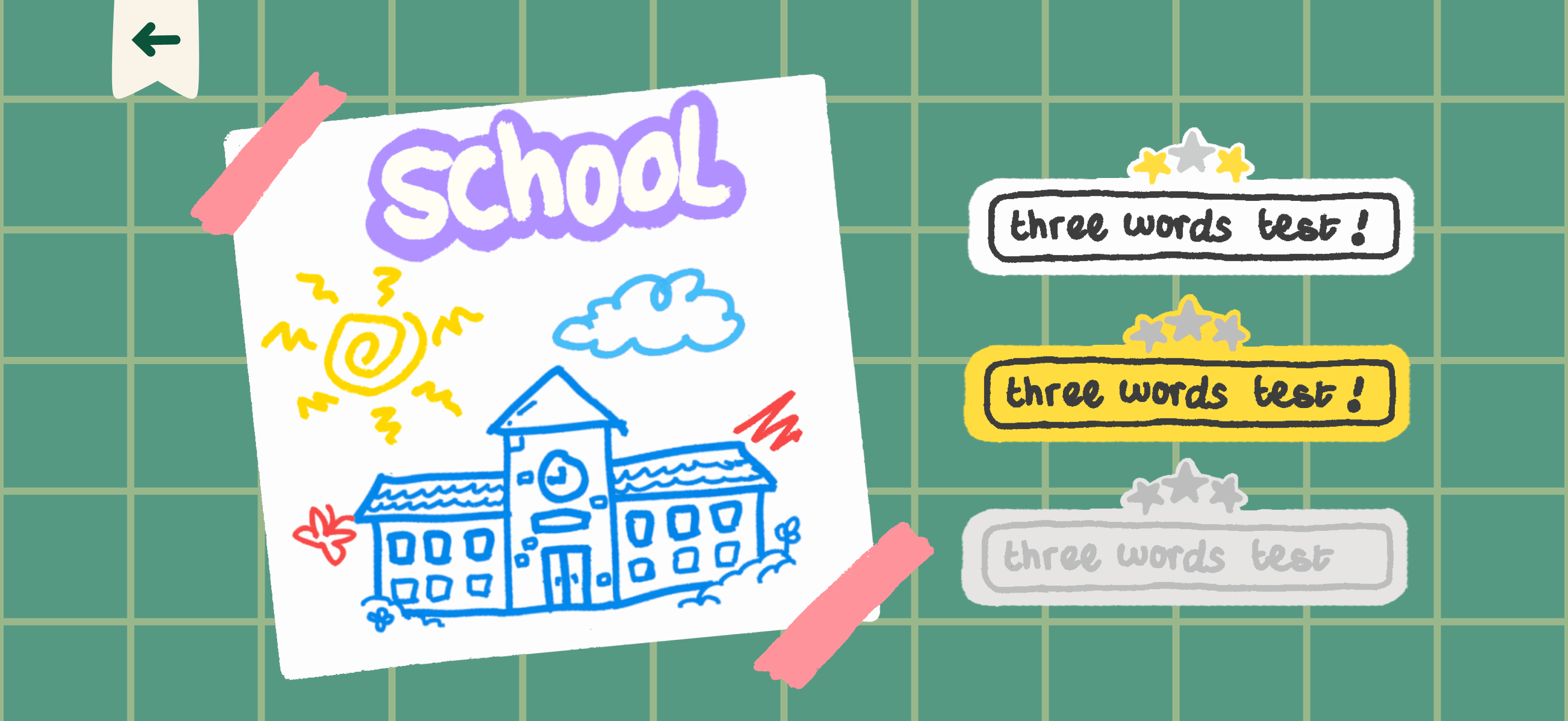 Kinario School story-selection screen with chapter progress states