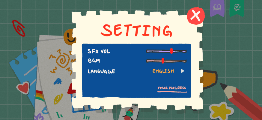 Kinario settings screen for sound effects, background music, language, and progress reset