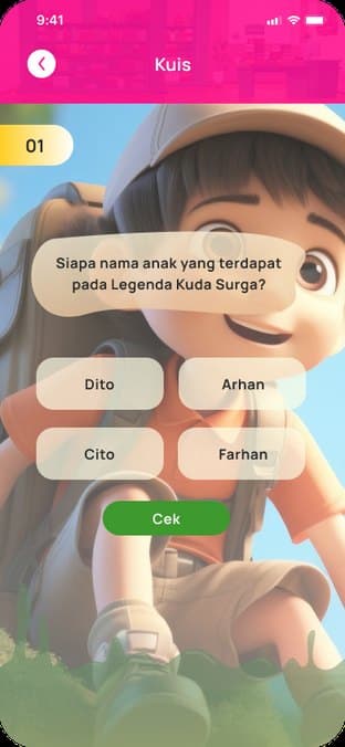 FoonyBeam interactive quiz screen with illustrated character