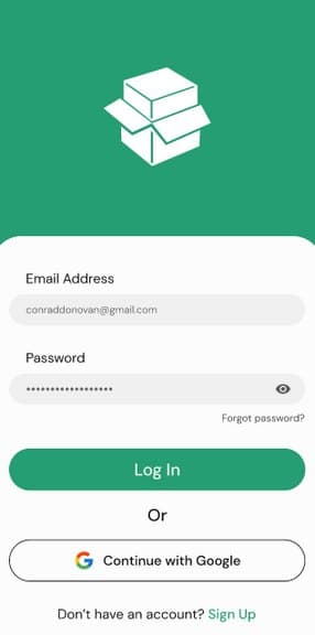 GreenBox login screen in brand green