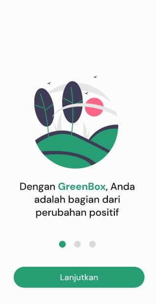 GreenBox onboarding screen with eco illustration